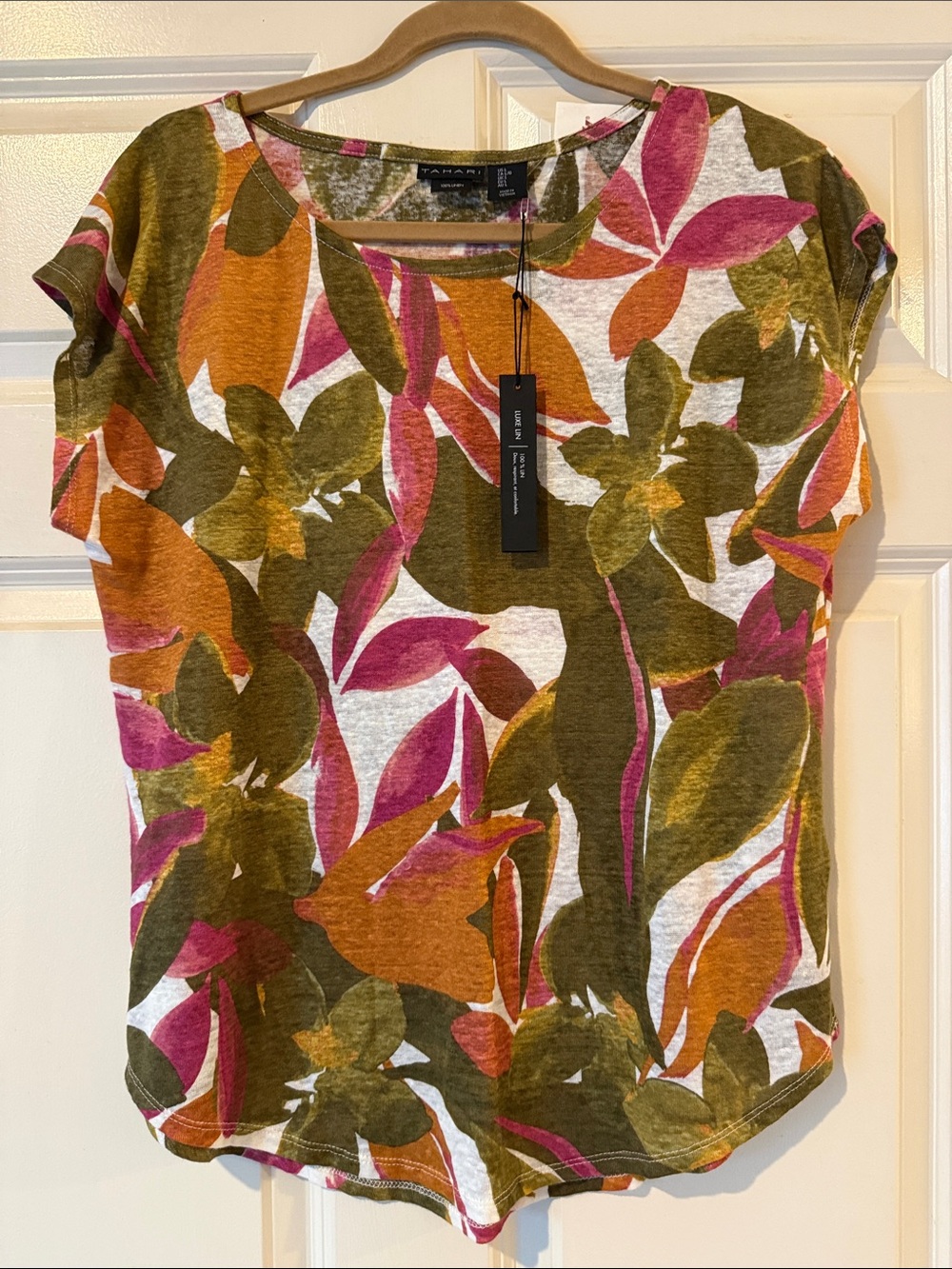 Tahari Olive Green Floral Tee with Pink & Orange Leaves